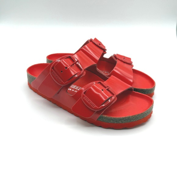Birkenstock Shoes - Birkenstock Arizona Big Buckle Sandals Womens 35 High Shine Tomato Red Slides